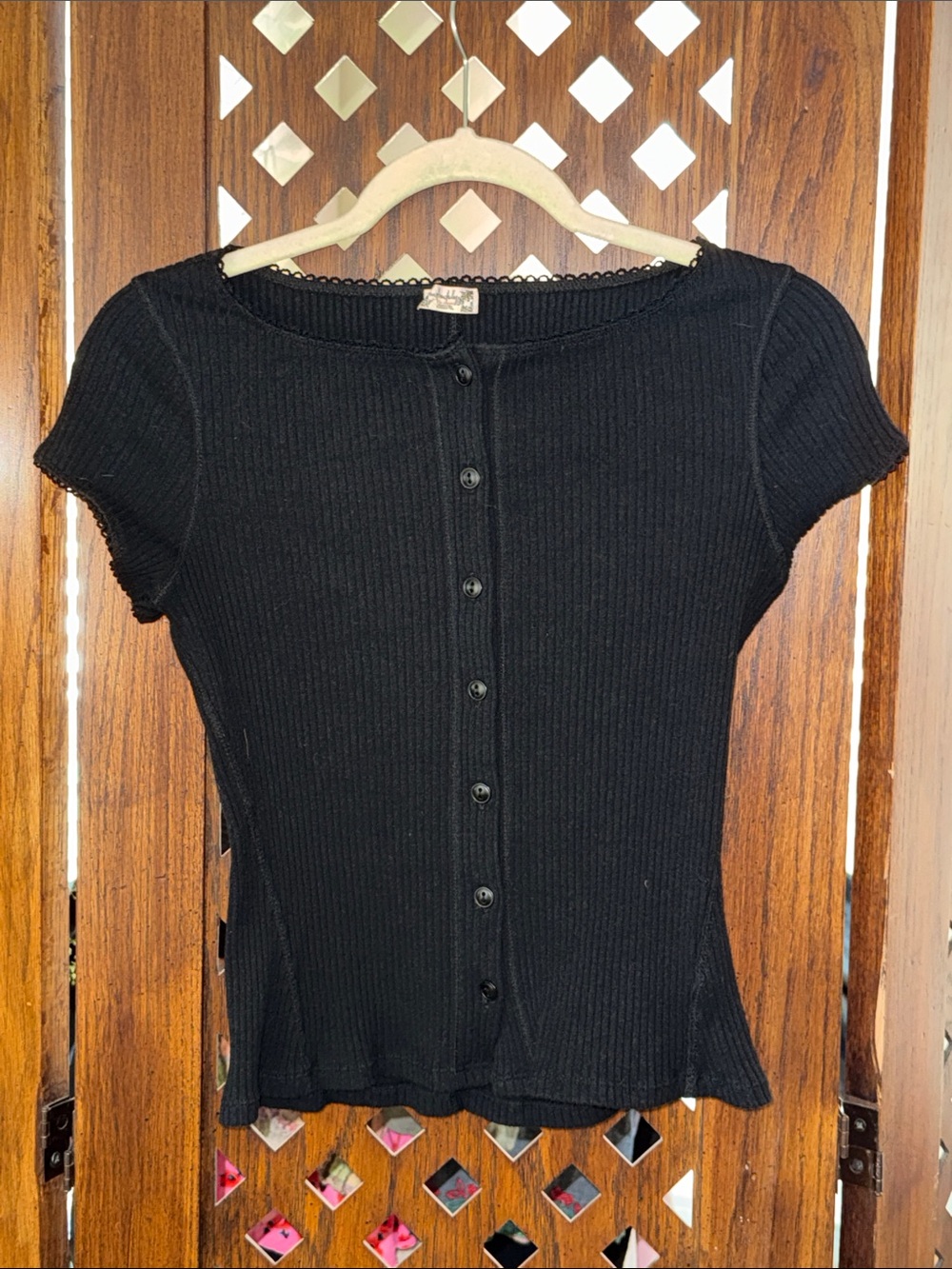 Free People Black Ribbed Short-Sleeve Button Front Top